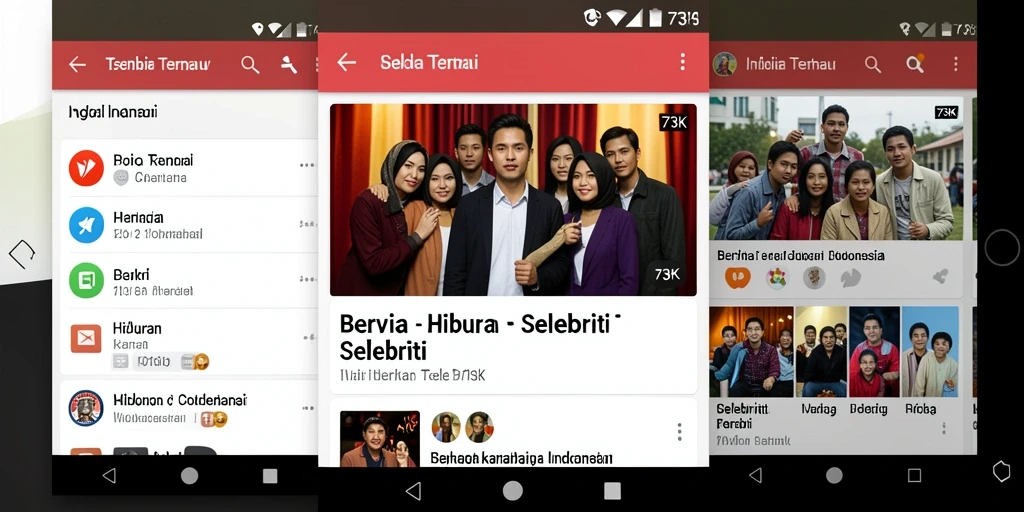 Antarmuka aplikasi 73K yang menarik dan informatif tentang hiburan selebriti.