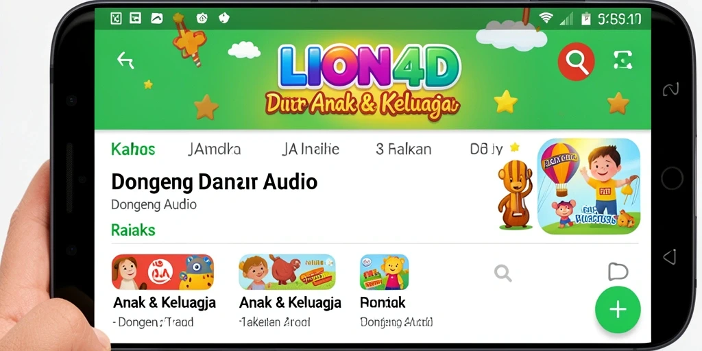 Tampilan antarmuka <strong>LION4D</strong> yang menarik dengan pilihan cerita dongeng.